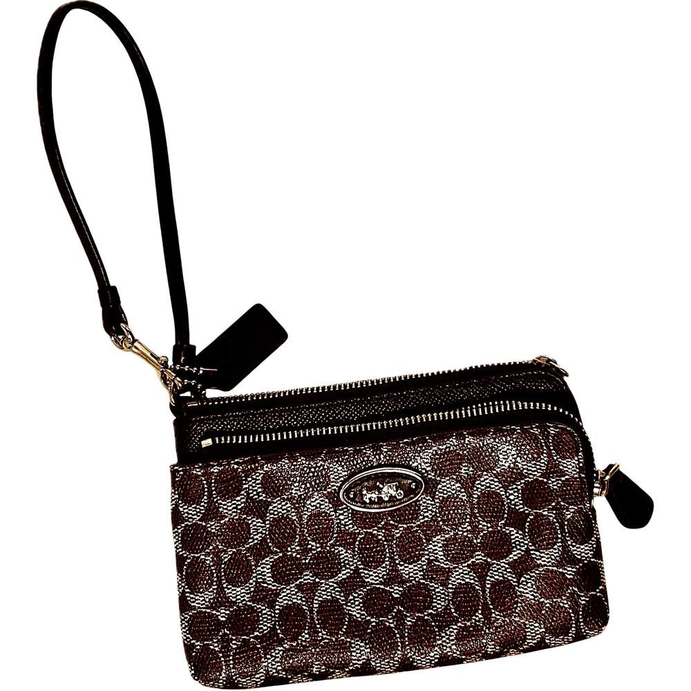 Coach Signature Monogram Double Zipper Wristlet Brown